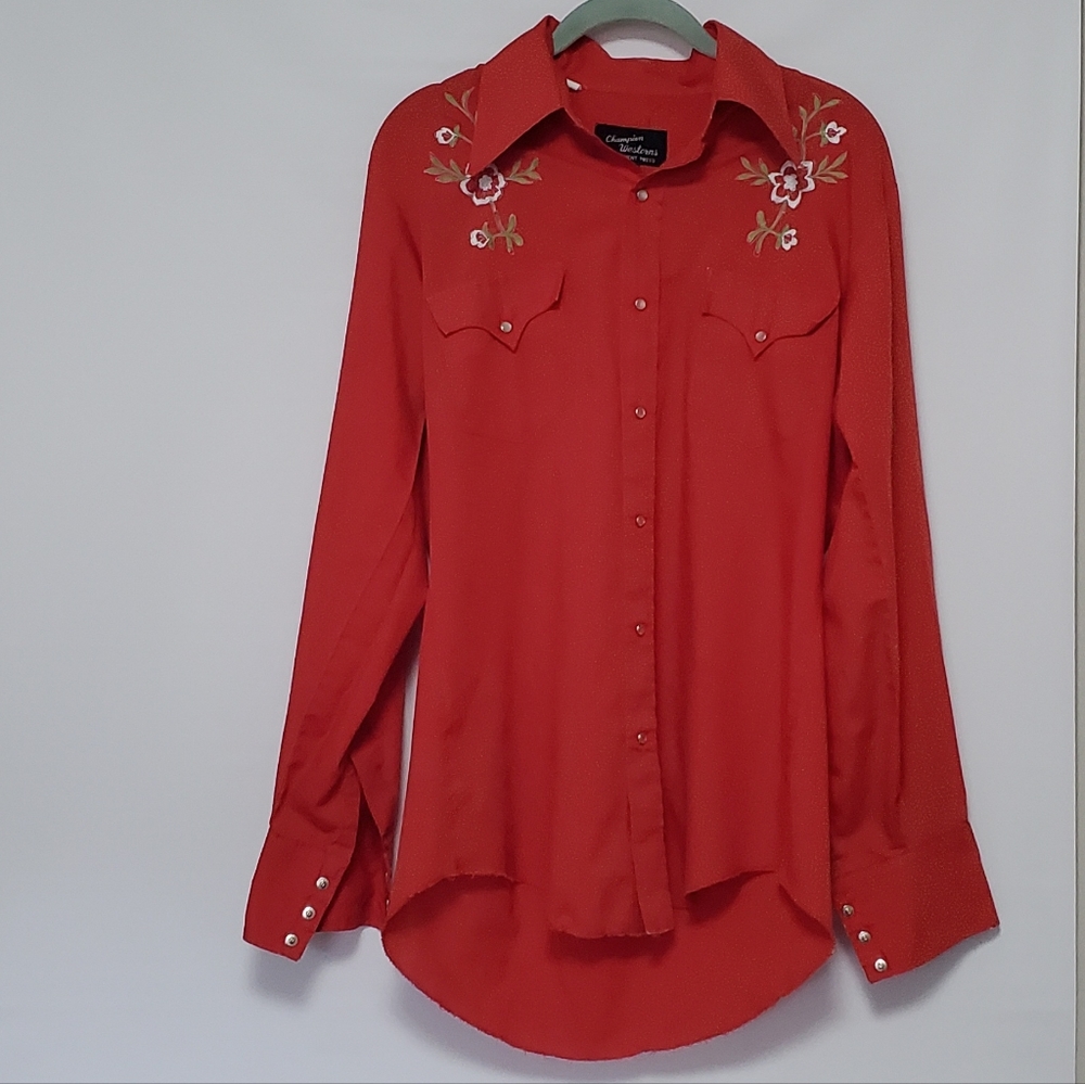 Champion Westerns Vintage Long Sleeve Button-Up Red Shirt Pearlescent Snaps